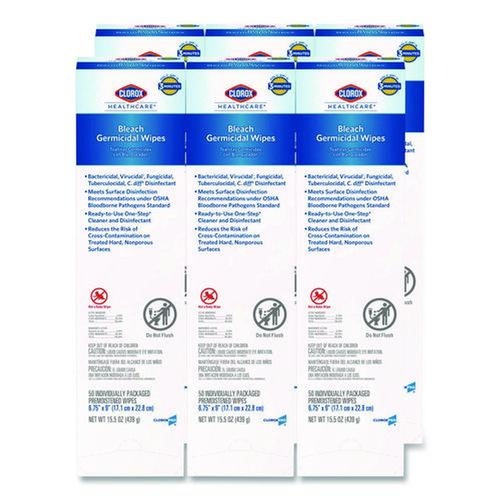 Cleaning Cloths & Wipes | Clorox Healthcare 31424 6.75 in. x 9 in. 1-Ply Individual Bleach Germicidal Wipes - Unscented White (6/Carton) image number 0