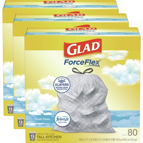 Drawstring & Kitchen Bags | Glad 78899 ForceFlex 24 in. x 27.38 in. 13 Gallon Kitchen Drawstring Trash Bags - Fresh Clean Scent/White (240/Carton) image number 0