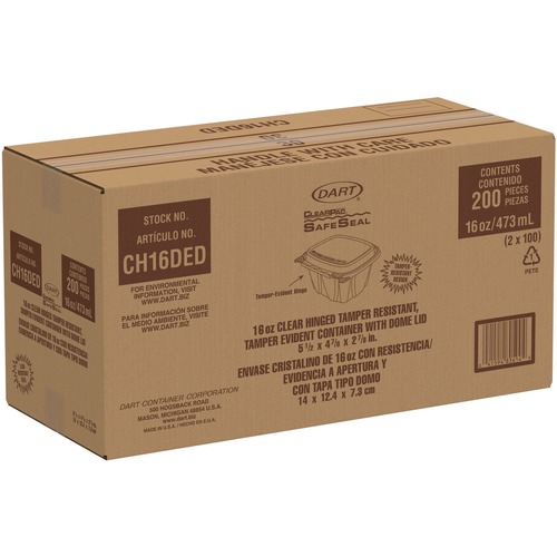 Food Containers & Lids | Dart CH16DED ClearPac SafeSeal 16 oz. Domed Lid Plastic Tamper-Resistant/Evident Containers - Clear (200/Carton) image number 0