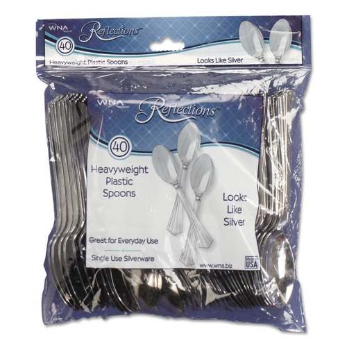 Disposable Spoons | WNA REF320SP Reflections Heavyweight Plastic Spoon Utensils - Silver (40/Pack) image number 0