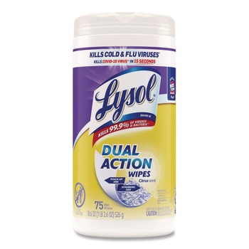 LYSOL Brand 19200-81700 7 in. x 7.5 in. 1-Ply Dual Action Disinfecting Wipes - Citrus Scent White/Purple