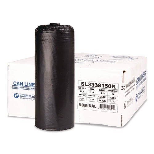 Low-Density Trash Bags | Inteplast Group SL3339150K Low-Density Commercial Can Liners 33 gal 1.5 mil 33-in x 39-in Black Interleaved Roll 20 Bags/Roll 5 Rolls/Carton image number 0