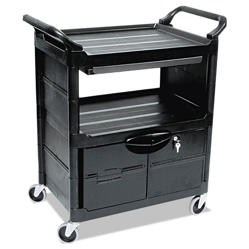 Carts | Rubbermaid Commercial FG345700BLA 33-5/8 in. x 18-5/8 in. x 37 in. 3 Two-Shelf Utility Cart with Locking Doors - Black image number 0