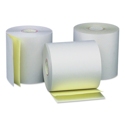 Perforated Roll & Hand Towels | Universal UNV35767 3 in. x 90 ft. 0.44 in. Core Carbonless Paper Rolls - White/Canary (50/Carton) image number 0
