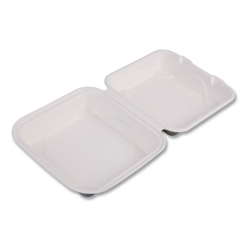 Eco-Products EP-HC81 Vanguard 8 in. x 8 in. x 3 in. Compostable Sugarcane Clamshells - White (200/Carton)