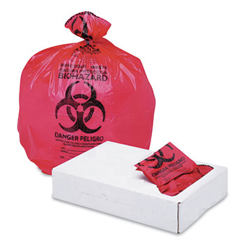 LOW DENSITY TRASH BAGS | Boardwalk A6639PRK 33 in. x 39 in. 1.3 mil 33 gal. Linear Low Density Health Care Trash Can Liners - Red (150/Carton)