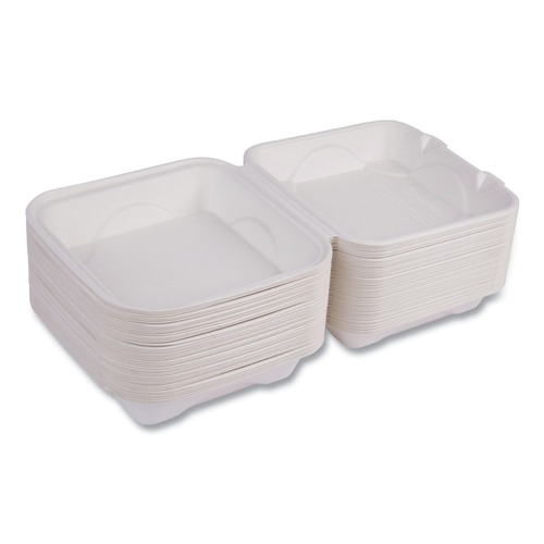 Food Containers & Lids | Eco-Products EP-HC81 Vanguard 8 in. x 8 in. x 3 in. Compostable Sugarcane Clamshells - White (200/Carton) image number 0