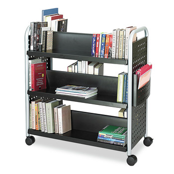CARTS AND STANDS | Safco 5335BL 41.25 in. x 17.75 in. x 41.25 in. 6 Shelves 1 Bin Scoot Double-Sided Metal Book Cart - Black