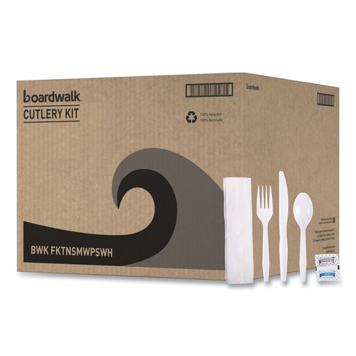 Cutlery Kits | Boardwalk BWKFKTNSMWPSWH 6-Piece Condiment/Fork/Knife/Napkin/Teaspoon Cutlery Kit - White (250/Carton) image number 0
