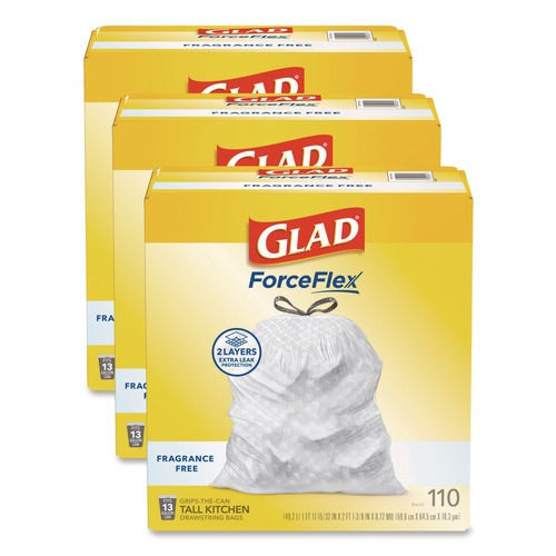 Drawstring & Kitchen Bags | Glad 22541 ForceFlex Kitchen Drawstring Trash Bags, Drawstring, 13 gal, Unscented, 23.47 x 25.38, White, 110 Bags/Box, 3 Boxes/Carton image number 0