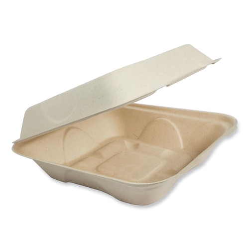 Food Containers & Lids | World Centric TO-SC-U85-3-LFP 7 in. x 8.3 in. x 3.2 in. Paper Fiber Hinged Containers - Natural (300/Carton) image number 0