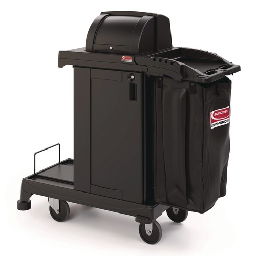 Perforated Roll & Hand Towels | Suncast Commercial CCH255A 23.19 in. x 53.23 in. x 53.02 in. 1-Shelf 3 Bins Plastic High Security Housekeeping Cart - Black image number 0