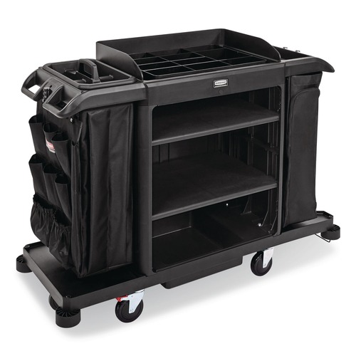 Janitorial & Housekeeping Carts | Rubbermaid Commercial 2202527 24.4 in. x 62.4 in. x 49 in. Full-Size 3-Shelf Resin Housekeeping Cart with Accessory Bundle - Black image number 0