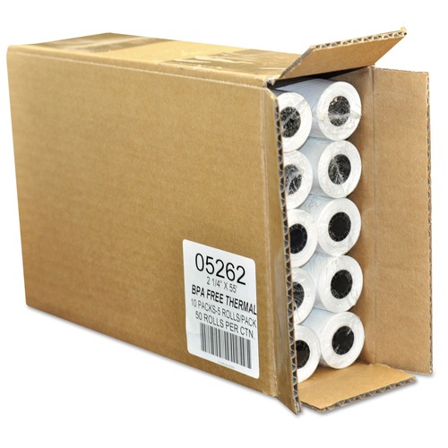 Perforated Roll & Hand Towels | PM Company 05262CT 2.25 in. x 55 ft. Direct Thermal Printing Thermal Paper Rolls - White (50/Carton) image number 0