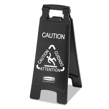OFFICE SIGNS AND SIGN HOLDERS | Rubbermaid Commercial 1867505 Executive 2-Sided 10-9/10 in. x 26-1/10 in. Multi-Lingual Caution Sign - Black/White