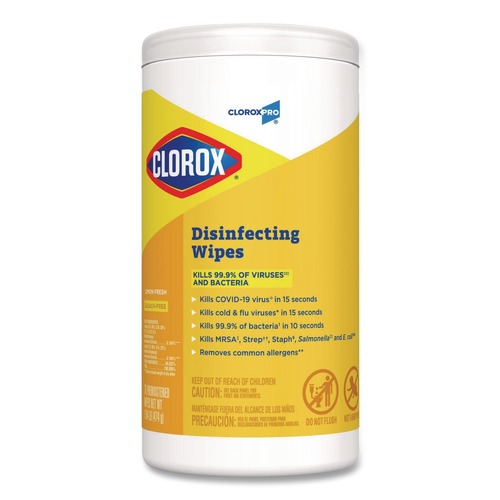 Cleaning Cloths & Wipes | Clorox 15948 1-Ply 7 in. x 8 in. Disinfecting Wipes - Lemon Fresh, White (75/Canister) image number 0