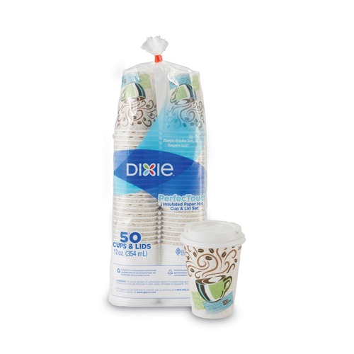 Cups | Dixie 5342COMBO600 PerfecTouch 12 oz. Paper Hot Cups and Lids Combo - Multicolor (50/Pack) image number 0