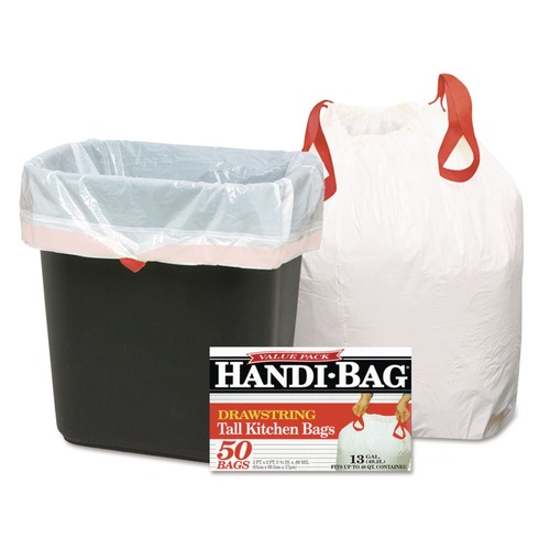 Drawstring & Kitchen Bags | Handi-Bag 1516848 13 Gallon 0.6 Mil, 24 in. x 27.4 in. Drawstring Kitchen Bags - White (300/Carton) image number 0