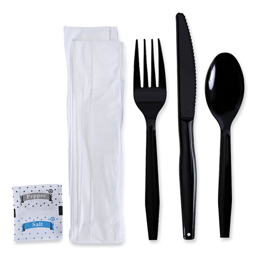 Cutlery Kits | Boardwalk BWKFKTNSMWPSBLA 6-Piece Condiment/Fork/Knife/Napkin/Teaspoon Cutlery Kit - Black (250/Carton) image number 0