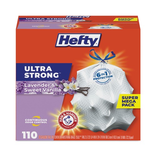 Drawstring & Kitchen Bags | Hefty E8-8366 23.75 in. x 24.88 in. 13 gal. Ultra Strong Scented Drawstring Tall Kitchen Bags - Lavender/Vanilla, White (330/Carton) image number 0