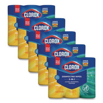 Clorox 30112 7 in. x 8 in. 1-Ply Disinfecting Wipes - Fresh Scent/Citrus Blend (35/Canister, 3/Pack, 5 Packs/Carton)