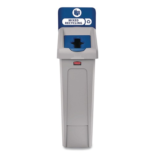 Indoor Waste Receptacles | Rubbermaid Commercial 2185055 Slim Jim Recycling Station Kit 1-Stream Mixed Recycling 23 gal Plastic Gray/Blue image number 0