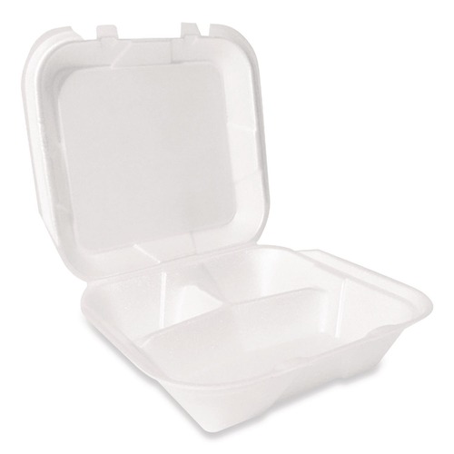 Food Containers & Lids | Plastifar 12094 9 in. x 9 in. x 3 in. Secure Two Tab Latch Poly Bag 3 Compartments Foam Hinged Lid Container - White (200/Carton) image number 0