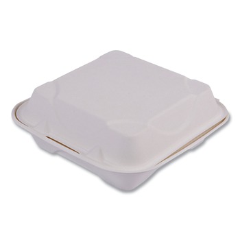 Eco-Products EP-HC81NFA Vanguard 8 in. x 8 in. x 3 in. 1-Compartment Renewable and Compostable Sugarcane Clamshells - White (200/Carton)