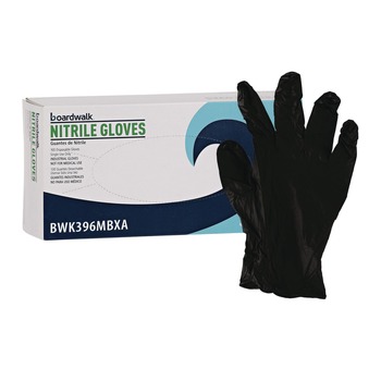 JANITORIAL DISPOSABLE AND SINGLE USE GLOVES | Boardwalk BWK396MBX 4.4 mil General Purpose Powder-Free Disposable Nitrile Gloves - Medium, Black (100/Box)