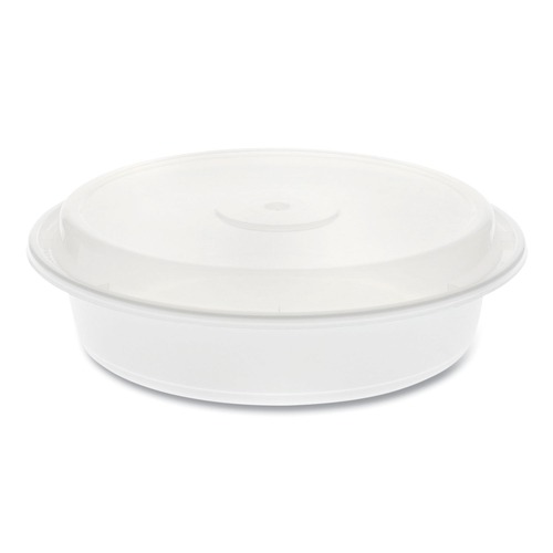 Food Containers & Lids | Pactiv Corp. NC737 Newspring VERSAtainer 8 x 8 x 2.5 35 oz Round Plastic Microwavable Containers - White/Clear (150/Carton) image number 0