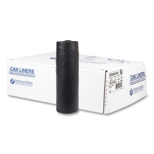 High-Density Trash Bags | Inteplast Group S334016K 33 gal. 16 microns 33 in. x 40 in. High-Density Interleaved Commercial Can Liners - Black (25 Bags/Roll, 10 Rolls/Carton) image number 0