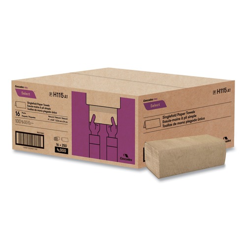 Perforated Roll & Hand Towels | Cascades PRO H115 9 in. x 9.45 in. Single-Fold 1-Ply Select Folded Paper Towels - Natural (16 Packs/Carton) image number 0