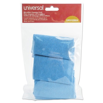 CLEANING CLOTHS AND WIPES | Universal UNV43664 12 in. x 12 in. Microfiber Cleaning Cloth - Blue (3/Pack)