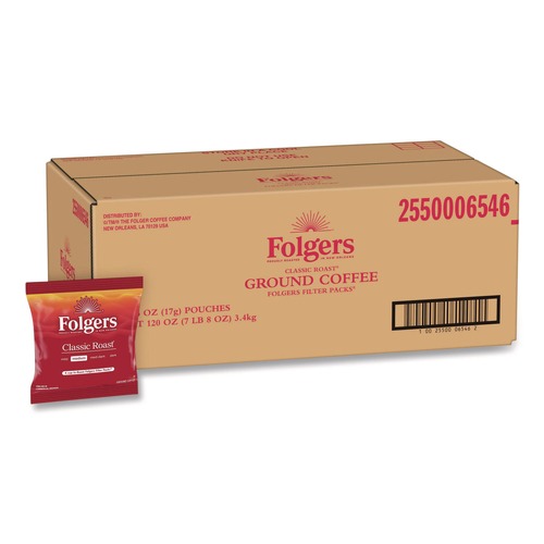 Coffee - Caffeinated | Folgers 2550006546 0.6 oz. Classic Roast Ground Coffee Filter Packs (200/Carton) image number 0