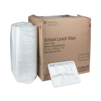 COMPARTMENT MEAL TRAYS | Pactiv Corp. 0TH10601SGBX 8.5 in. x 11.5 in. x 1.25 in. 6-Compartment Foam School Trays - White (500/Carton)