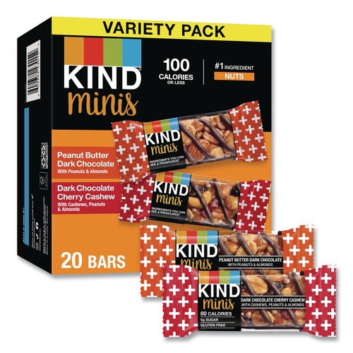 Meals & Snack Bars | KIND 43012 0.74 oz Minis Variety Pack - Dark Chocolate Cherry Cashew/Peanut Butter Dark Chocolate (20/Box) image number 0
