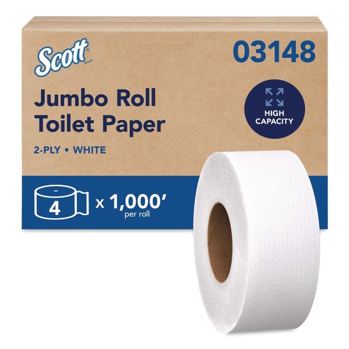 Toilet Tissues | Scott 03148 3.55 in. x 1000 ft. 2-Ply Essential JRT Jumbo Roll Septic Safe Tissue - White (4 Rolls/Carton) image number 0