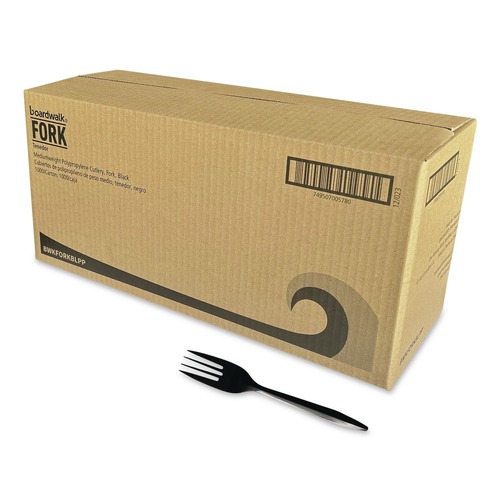 Disposable Forks | Boardwalk BWKFORKBLPP Mediumweight Polypropylene Plastic Fork Cutlery - Black (1000/Carton) image number 0