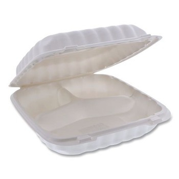 FOOD CONTAINERS PACKAGING | Pactiv Corp. YCN809030000 3-Compartment 9 x 9 x 3.1 EarthChoice SmartLock Microwavable MFPP Plastic Hinged Lid Container - White (120/Carton)