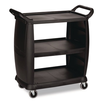 KITCHEN AND SERVICE CARTS | Boardwalk CC203603 18 in. x 36.25 in. x 38 in. 300 lb Capacity Plastic Bussing Cart with 3 Shelves - Black