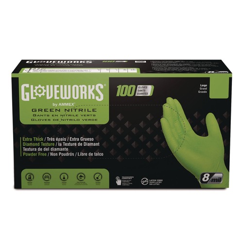 Food Service Disposable & Single Use Gloves | Ammex GWGN44100 8 mil Heavy-Duty Industrial Powder-Free Nitrile Gloves - Medium, Green (1000/Carton) image number 0