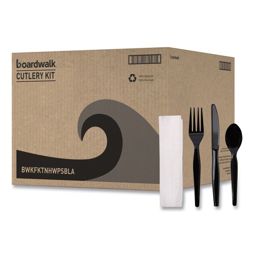 Cutlery Kits | Boardwalk BWKFKTNHWPSBLA 4-Piece Heavyweight Fork/Knife/Napkin/Teaspoon Cutlery Kit - Black (250/Carton) image number 0