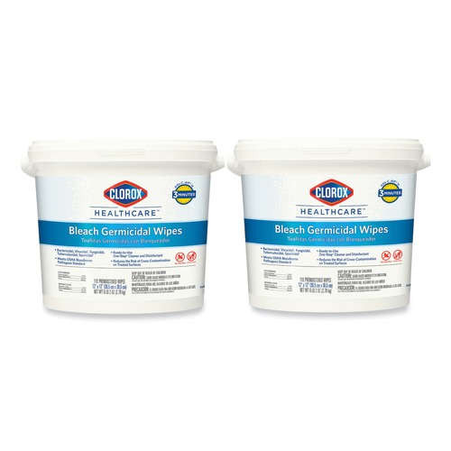Cleaning Cloths & Wipes | Clorox Healthcare 30358 12 in. x 12 in. 1-Ply Bleach Germicidal Wipes - Unscented, White (110/Bucket, 2 Buckets/Carton) image number 0