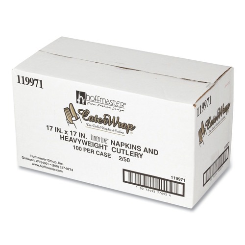 Cutlery Kits | Hoffmaster 119971 Pre-Rolled 8 in. x 8.5 in. Linen-Like CaterWrap Napkins with Black Cutlery (100/Carton) image number 0