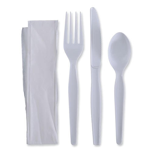 Cutlery Kits | Boardwalk BWKFKTNHWPSWH 4-Piece Heavyweight Fork/Knife/Napkin/Teaspoon Cutlery Kit - White (250/Carton) image number 0