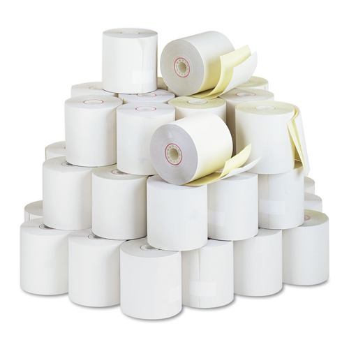 Perforated Roll & Hand Towels | PM Company 7706 3 in. x 90 ft. Impact Printing Carbonless Paper Rolls - White/Canary (50/Carton) image number 0