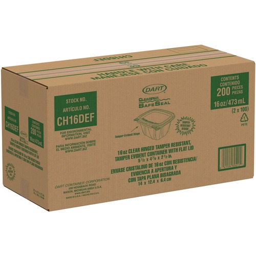 Food Containers & Lids | Dart CH16DEF ClearPac SafeSeal 16 oz. Flat Lid Plastic Tamper-Resistant/Evident Containers - Clear (200/Carton) image number 0