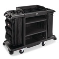Janitorial & Housekeeping Carts | Rubbermaid Commercial 2202527 24.4 in. x 62.4 in. x 49 in. Full-Size 3-Shelf Resin Housekeeping Cart with Accessory Bundle - Black image number 0