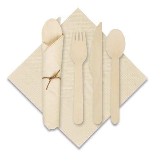 Cutlery Kits | Hoffmaster 120030 Caterwrap 6 x 12 Pre-Rolled Napkins with Wood Cutlery - Kraft (100/Carton) image number 0